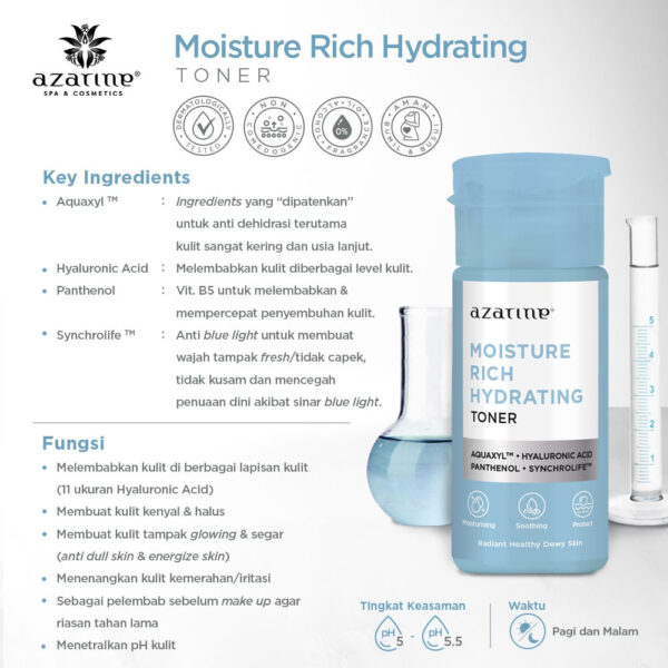 Azarine Moisture Rich Hydrating Toner / dengan Aquaxyl, Synchrolife, Hyaluronic Acid, Panthenol (Vit B5) - Gambar 2