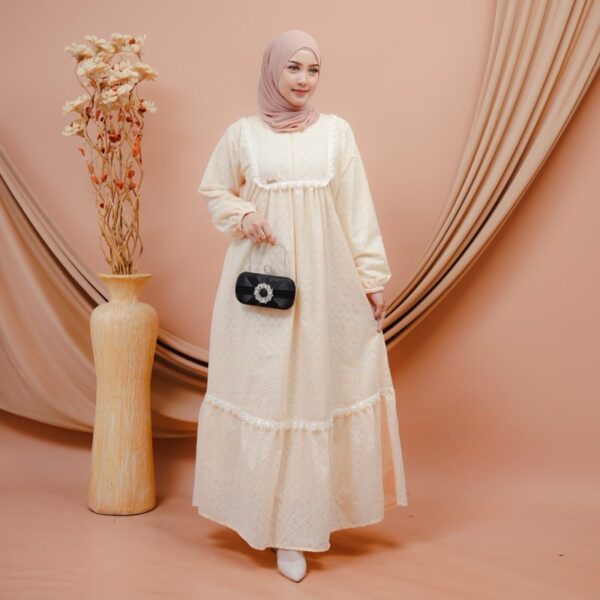 Aruna Dress Gamis Bahan Katun Bordir Bolong Katbol Tebal Full Furing Kondangan Mewah Luxury Manasik Haji Ihram - Gambar 2