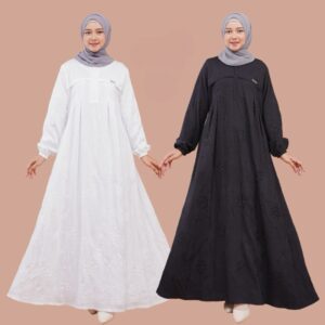 Kayla Dress Gamis Putih Hitam Katun Polo Linen Embroidery Manasik Haji Thawaf Umroh
