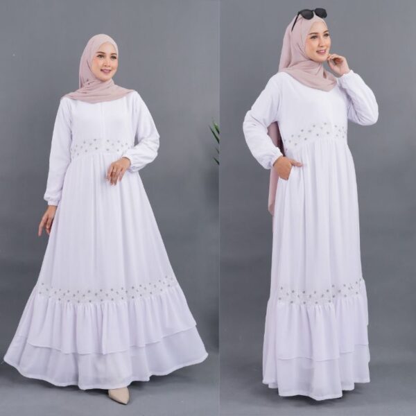 KHADIJA DRESS 1 Gamis bahan ceruty babydol putih bersih putih tulang broken white hitam Umroh/Manasik haji - Gambar 2