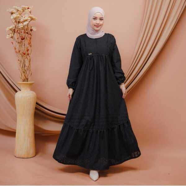 Aruna Dress Gamis Bahan Katun Bordir Bolong Katbol Tebal Full Furing Kondangan Mewah Luxury Manasik Haji Ihram - Gambar 4