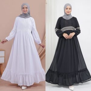 Medina Dress Bahan Ceruty (Renda) Rampel Putih Hitam Manasik Haji Umroh Thawaf