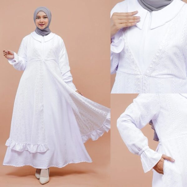 Helwa Dress Gamis Bahan Crinkle Airflow Putih Bersih Broken White Putih Tulang Hitam Brukat Malika Manasik Haji Umroh Ihram Thawaf Anak Dan Dewasa - Gambar 2