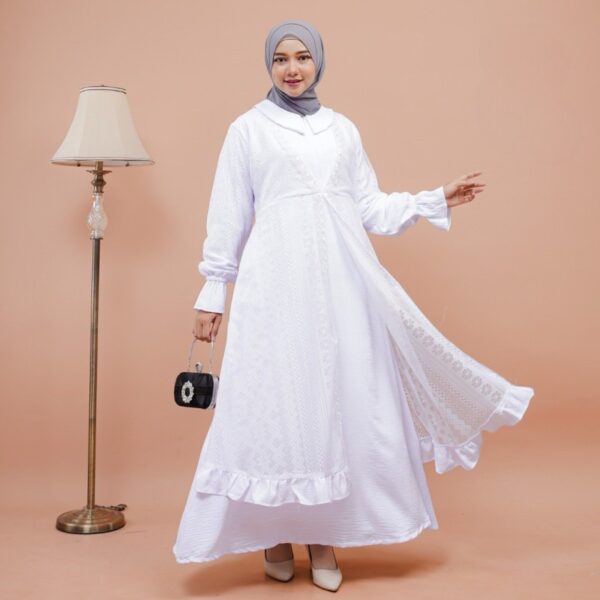 Helwa Dress Gamis Bahan Crinkle Airflow Putih Bersih Broken White Putih Tulang Hitam Brukat Malika Manasik Haji Umroh Ihram Thawaf Anak Dan Dewasa - Gambar 4