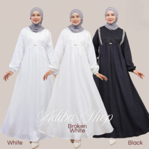 Hayfa Dress Bahan Polo Linen Putih Hitam Manasik Haji Umroh Thawaf Aplikasi Brokat dan Renda