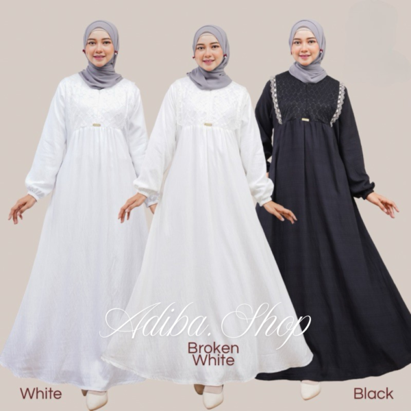 Hayfa Dress Bahan Polo Linen Putih Hitam Manasik Haji Umroh Thawaf Aplikasi Brokat dan Renda