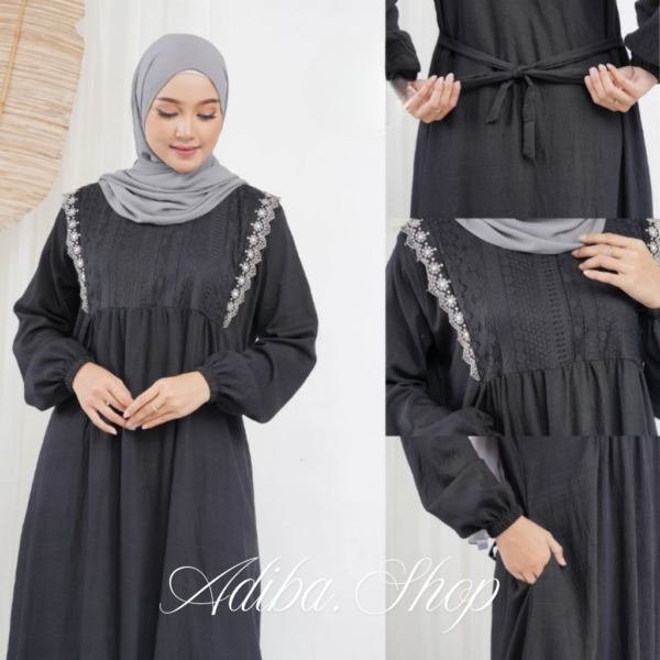 Hayfa Dress Bahan Polo Linen Putih Hitam Manasik Haji Umroh Thawaf Aplikasi Brokat dan Renda - Gambar 3