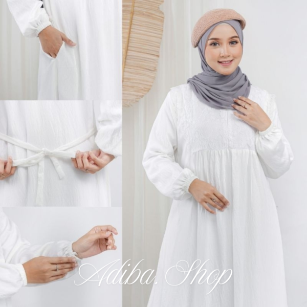 Hayfa Dress Bahan Polo Linen Putih Hitam Manasik Haji Umroh Thawaf Aplikasi Brokat dan Renda - Gambar 2