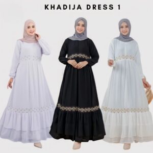 KHADIJA DRESS 1 Gamis bahan ceruty babydol putih bersih putih tulang broken white hitam Umroh/Manasik haji