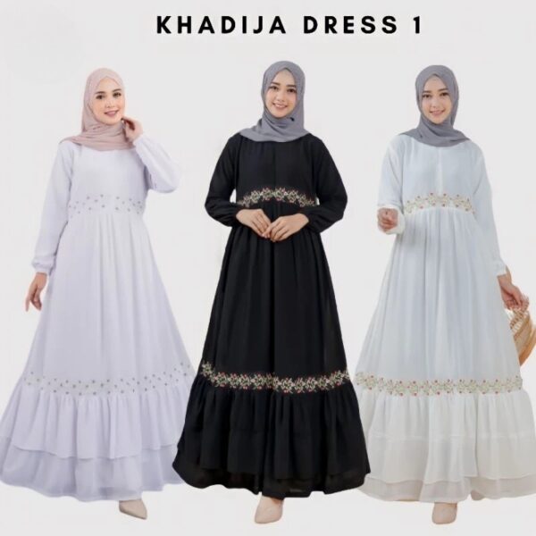 KHADIJA DRESS 1 Gamis bahan ceruty babydol putih bersih putih tulang broken white hitam Umroh/Manasik haji