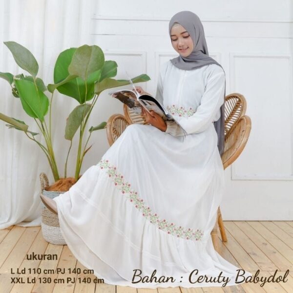 KHADIJA DRESS 1 Gamis bahan ceruty babydol putih bersih putih tulang broken white hitam Umroh/Manasik haji - Gambar 3