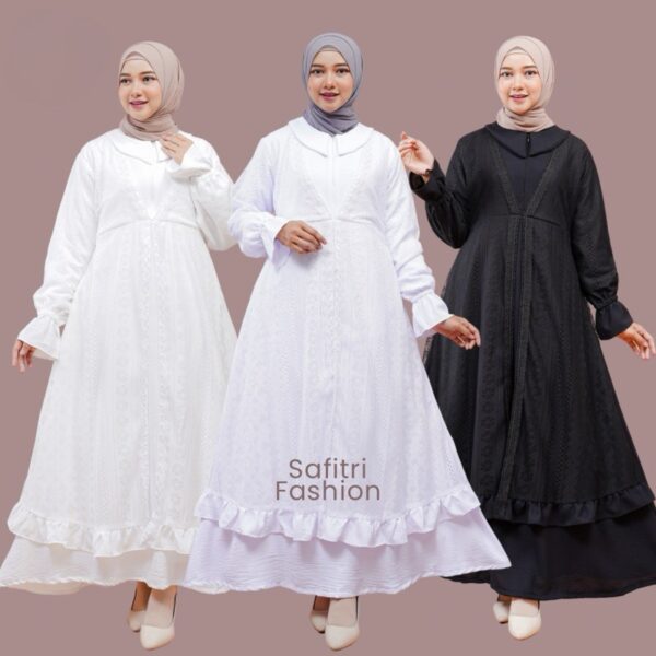 Helwa Dress Gamis Bahan Crinkle Airflow Putih Bersih Broken White Putih Tulang Hitam Brukat Malika Manasik Haji Umroh Ihram Thawaf Anak Dan Dewasa - Gambar 3