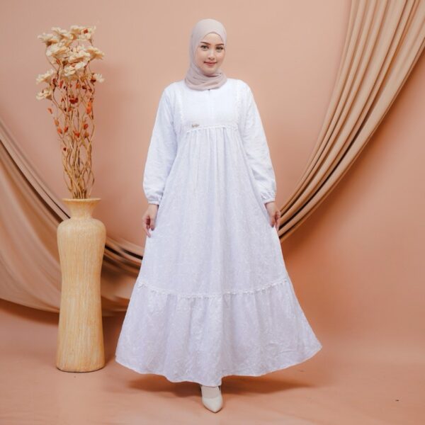 Aruna Dress Gamis Bahan Katun Bordir Bolong Katbol Tebal Full Furing Kondangan Mewah Luxury Manasik Haji Ihram - Gambar 3